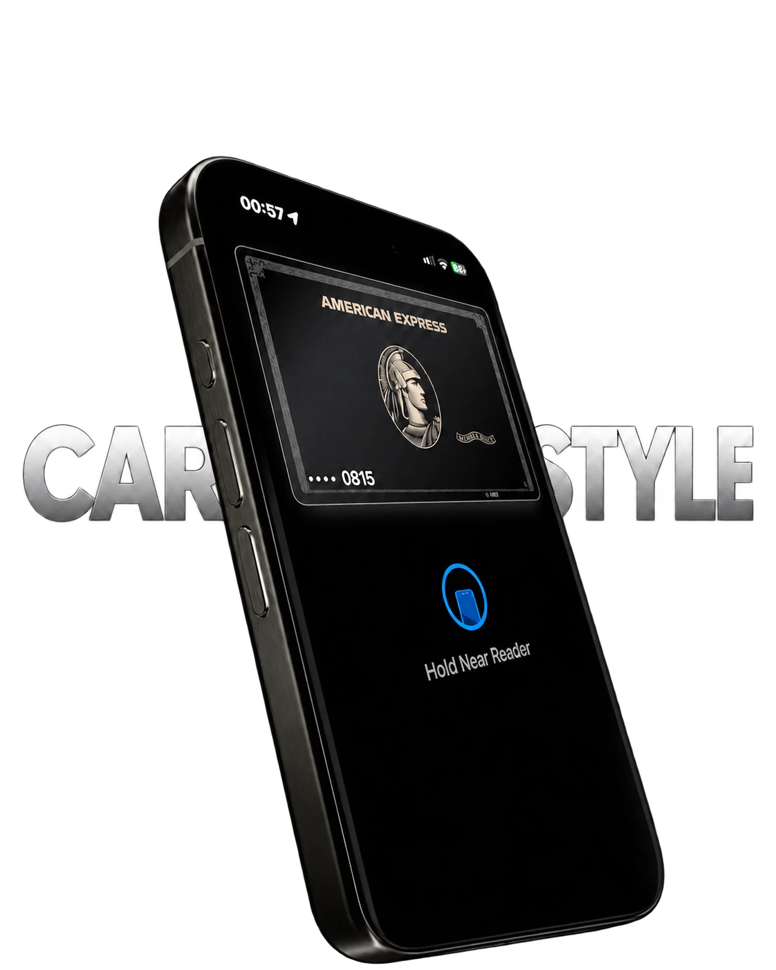 iPhone com a carteira digital aberta exibindo um cartão American Express personalizado pela CARD STYLE