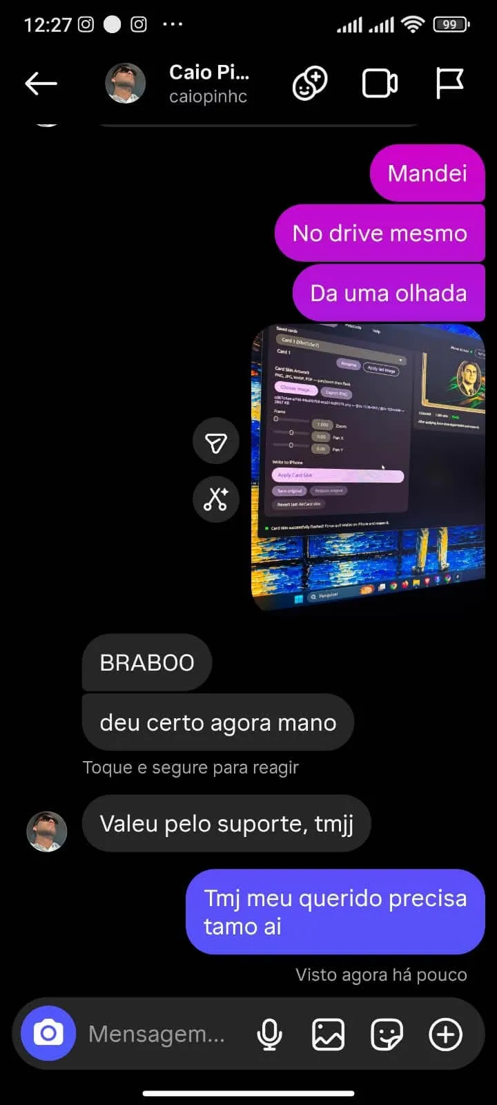 Conversa por e-mail com cliente confirmando que a aplicacao deu certo e agradecendo o suporte