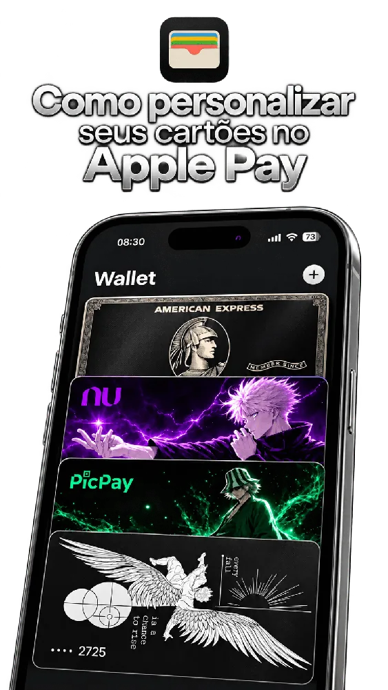 iPhone exibindo a carteira digital com CARD STYLE aplicados nos cartões